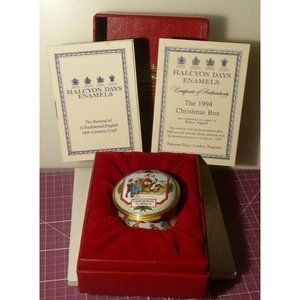 1994 HALCYON DAYS Hinged Enamel Christmas Box Santa Claus Sleigh In Original Box